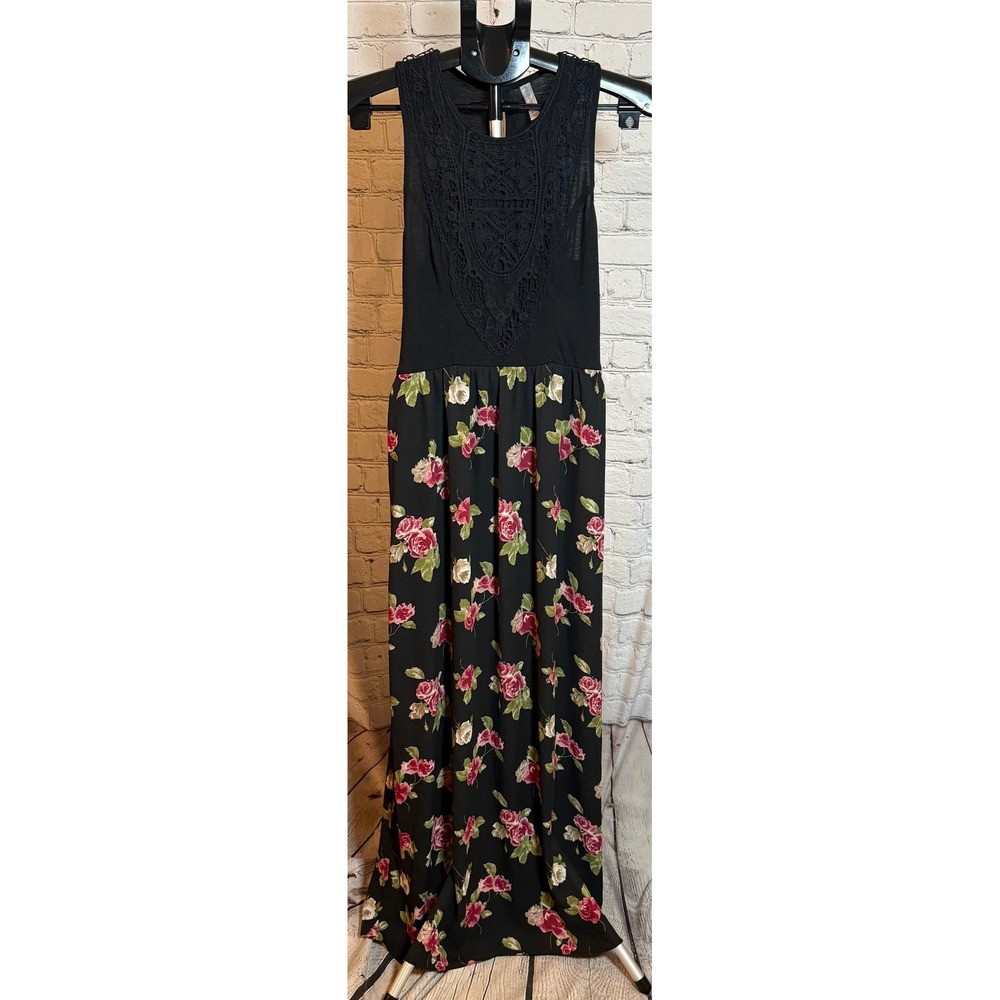 Xhilaration Womens Black Floral Lace Crochet Sleeveless Maxi Dress Medium M Rose